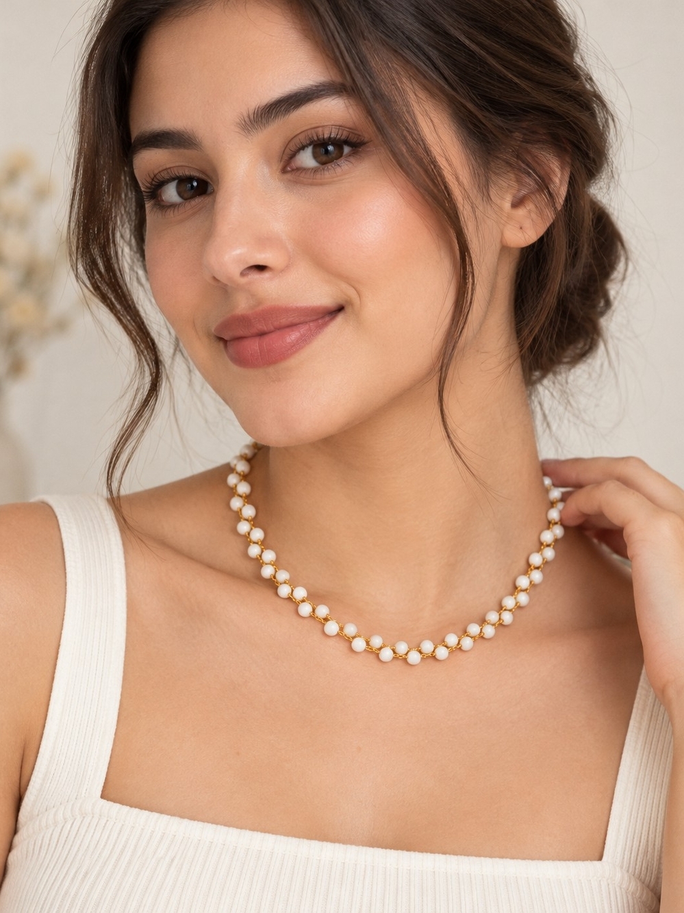Gold and White Pearl Bead Necklace - Elegant Women's Jewelry